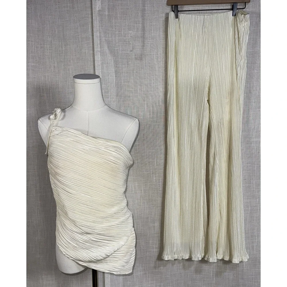 Skylar Rose ASOS Women's M Cream Set Outfit One Shoulder Top‎ Wide Leg Pants